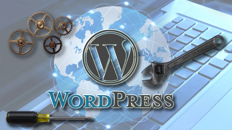 WordPress Maintenance Plan with wrench, screwdriver. gears, and WordPress logo